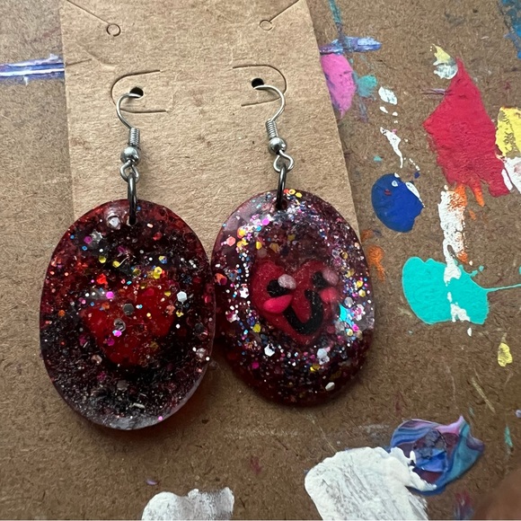 Happy Red Heart Smiley Face Earrings - Picture 1 of 7